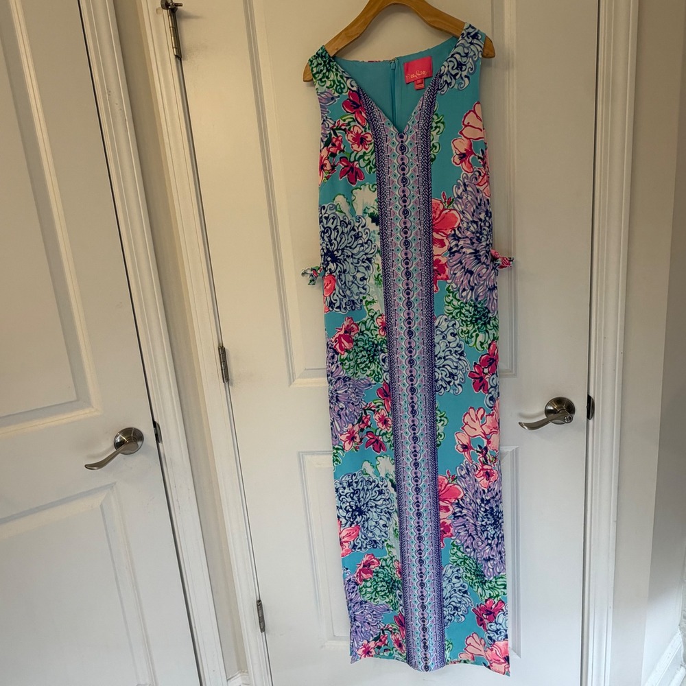 Lilly Pulitzer Maxi Romper Dress Blue Floral V-Neck‎ Sleeveless Size 2